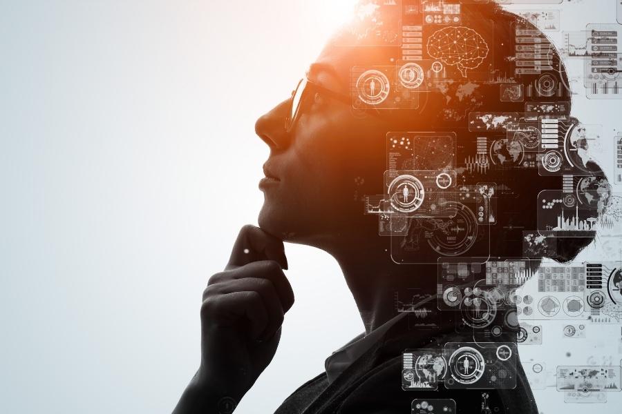 A profile silhouette of a thoughtful woman layered with complex digital data graphics for next-gen AI model releases.